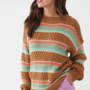 O'Neill Floyd Slouchy Knit Sweater L Large GUC Striped Brown Aqua Orange